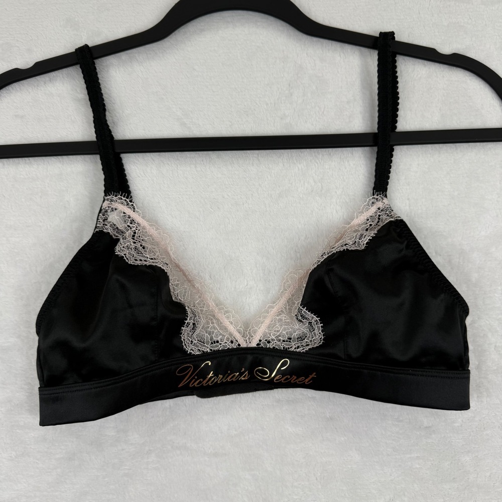 Victoria's Secret Black Satin Lace Trim Bralette XS‎ Wireless V-Neck 404866-D77